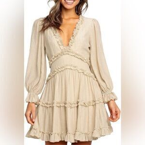 Beige Deep V Neck Ruffle Long Sleeve Floral Print Mini Dress Size XL